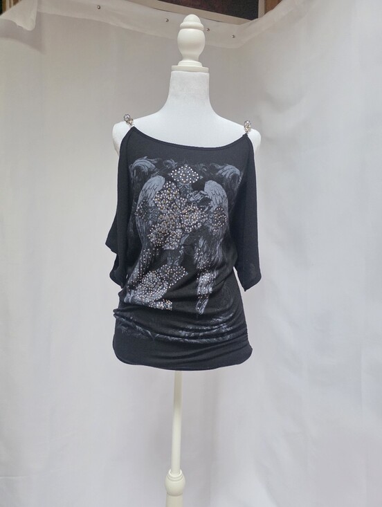 Umgee Tops - Umgee Black Embellished Wing Cross Tunic Top Large Boho Rhinestone Studded